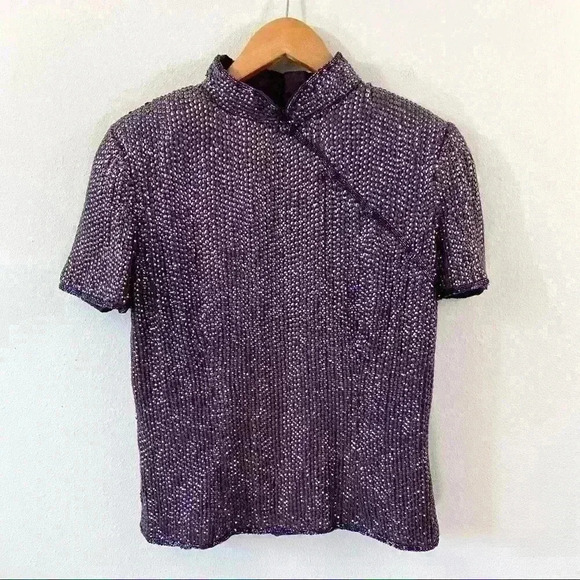 Adrianna Papell vintage purple sequin short sleeve top - Picture 1 of 6